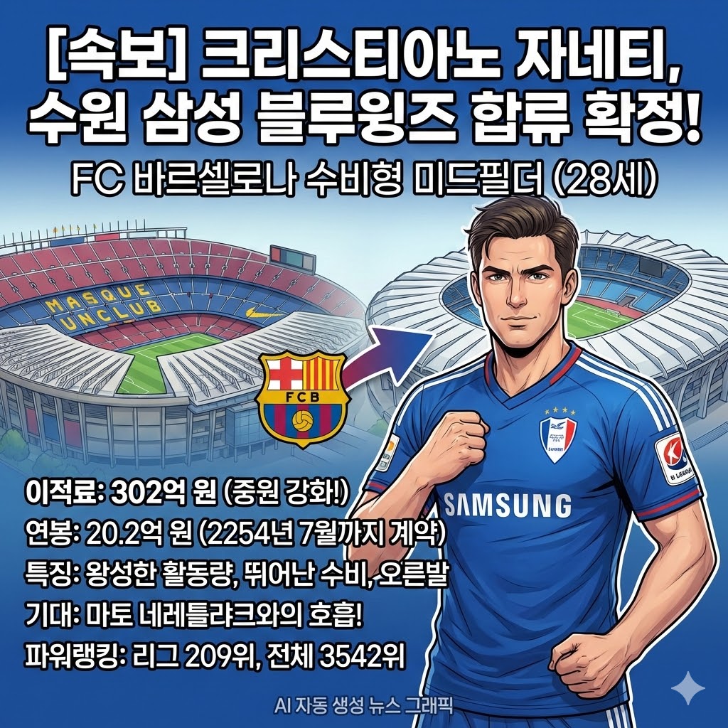 [충격] 바르셀로나 자네티, 302억에 수원행!